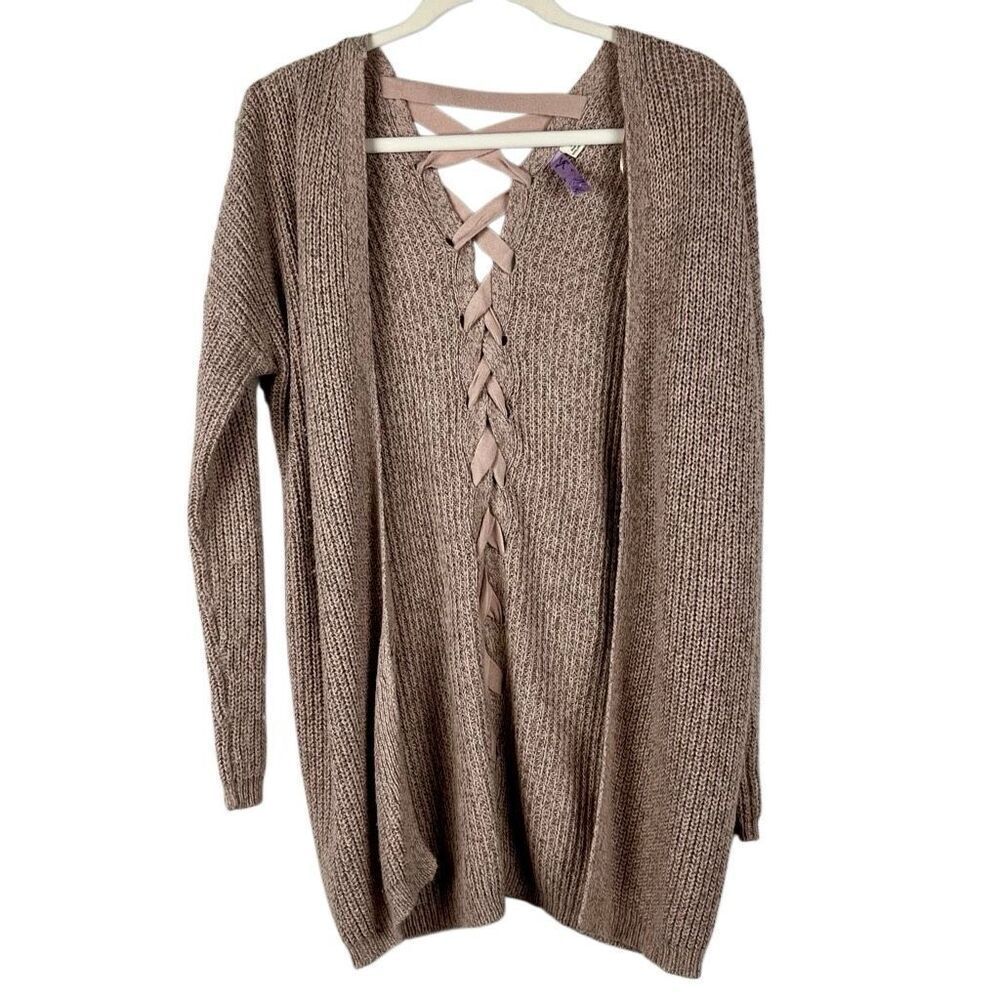 Alya Open Front Long Sleeve Knit Lace Up Back Cardigan Medium